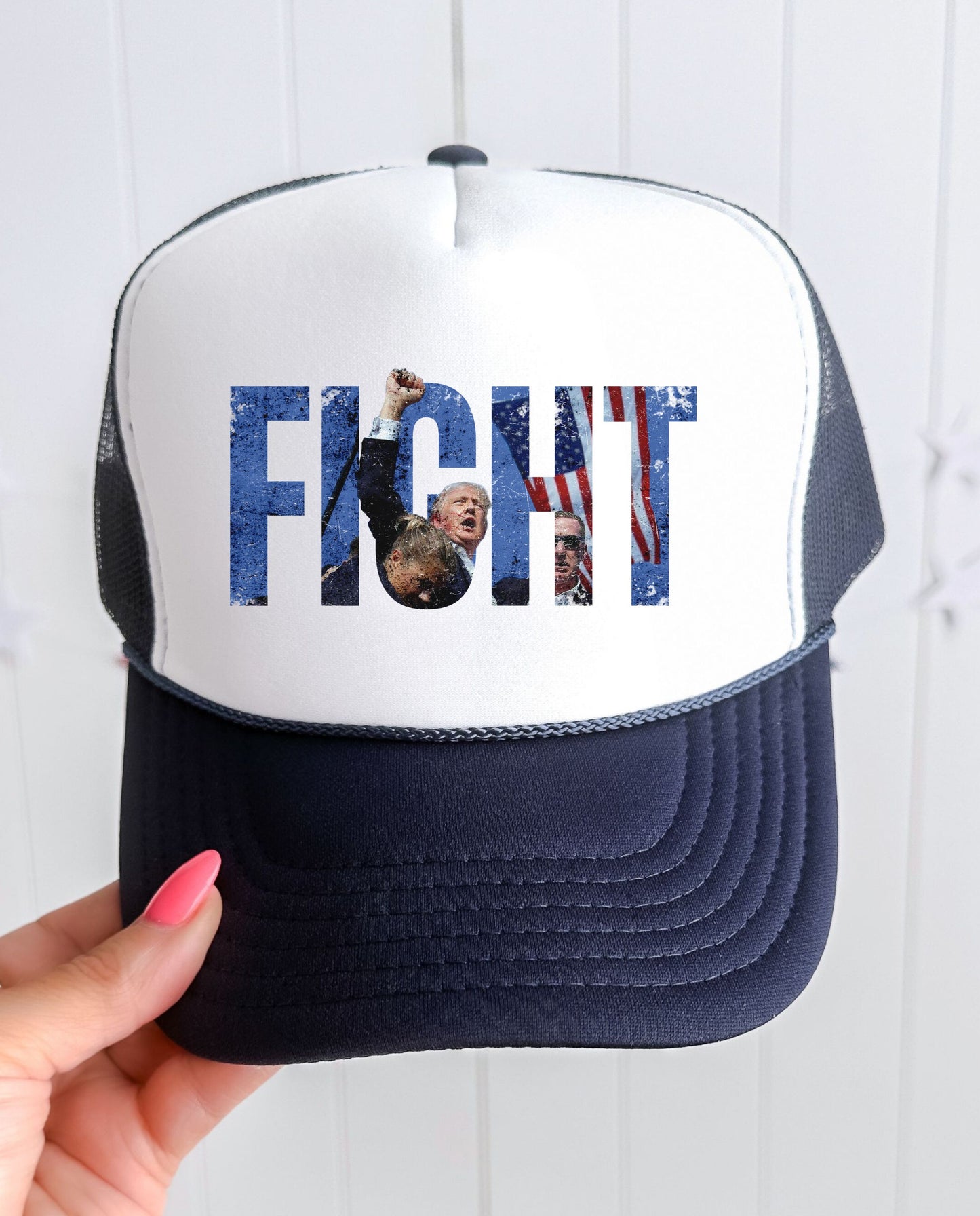 FIGHT - TRUMP NAVY/WHITE TRUCKER HAT