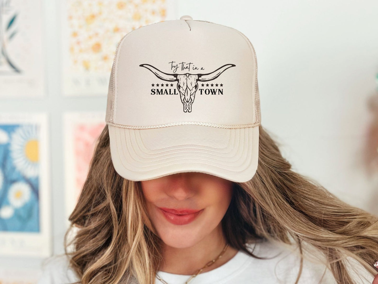TRY THAT IN A SMALL TOWN - TAN TRUCKER HAT