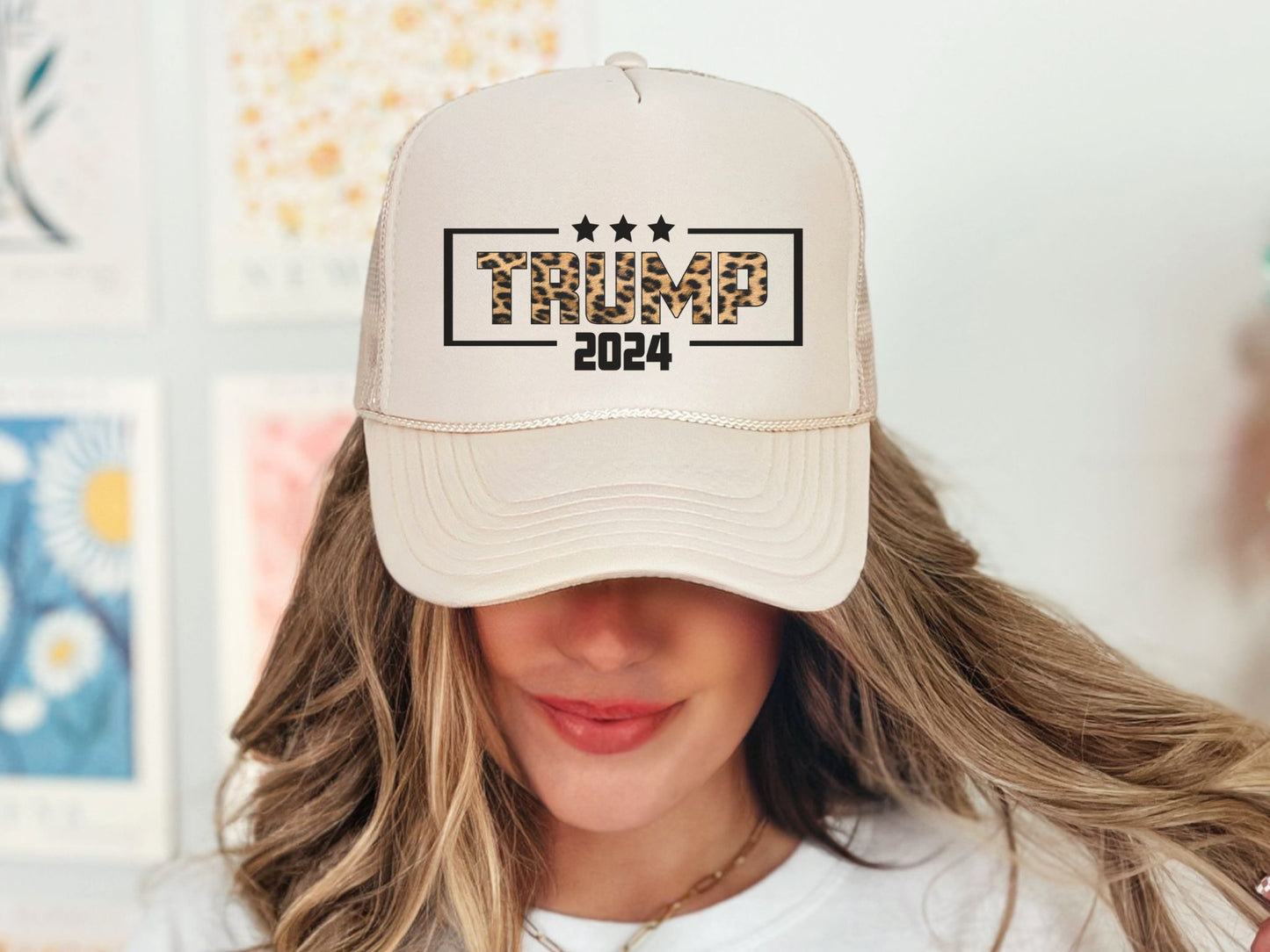 TRUMP 2024 CHEETAH PRINT - TAN TRUCKER HAT
