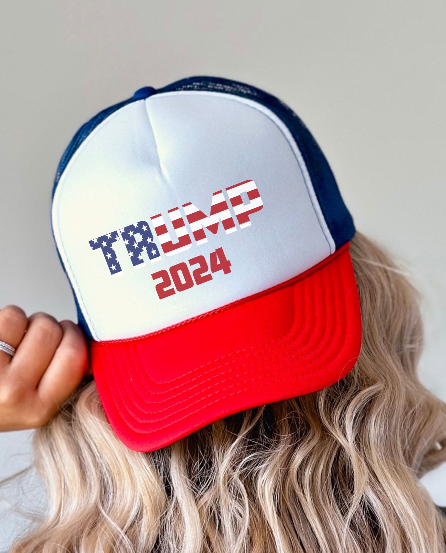 TRUMP 2024 RED/WHITE/BLUE TRUCKER HAT